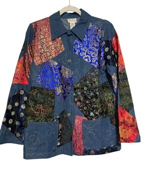 Yi Lin Vintage Patchwork Denim Jacket Asian Tapestry Art-to-Wear Oversized XS